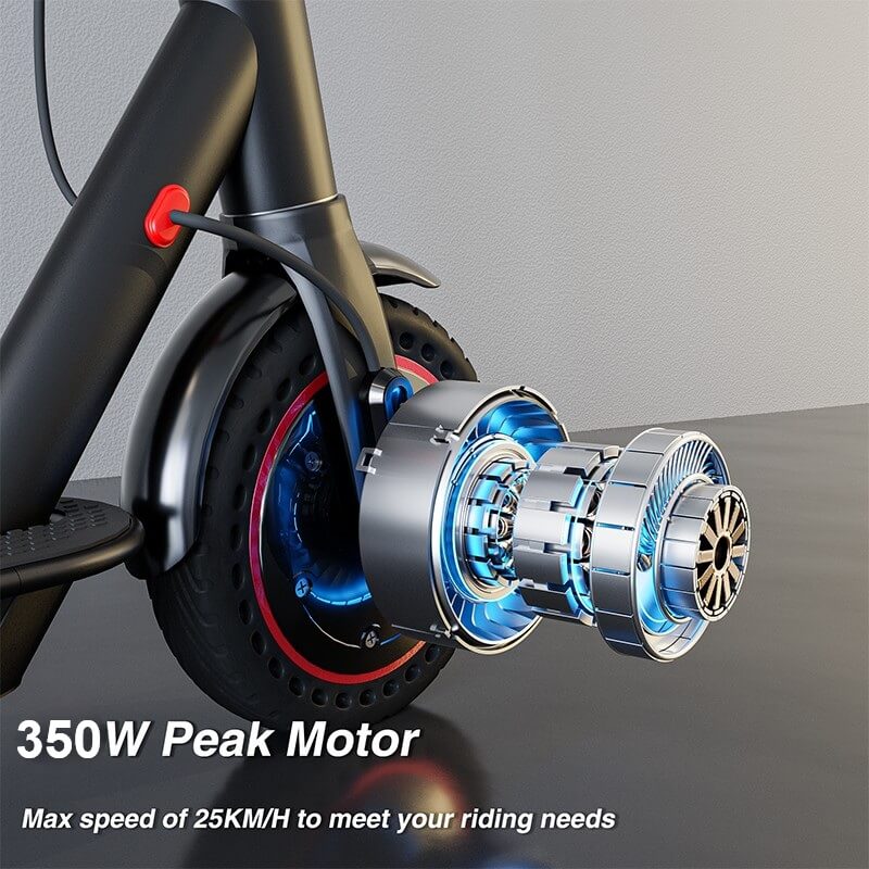 EMOKO long range commuter electric scooter front wheel and 350W peak motor close-up