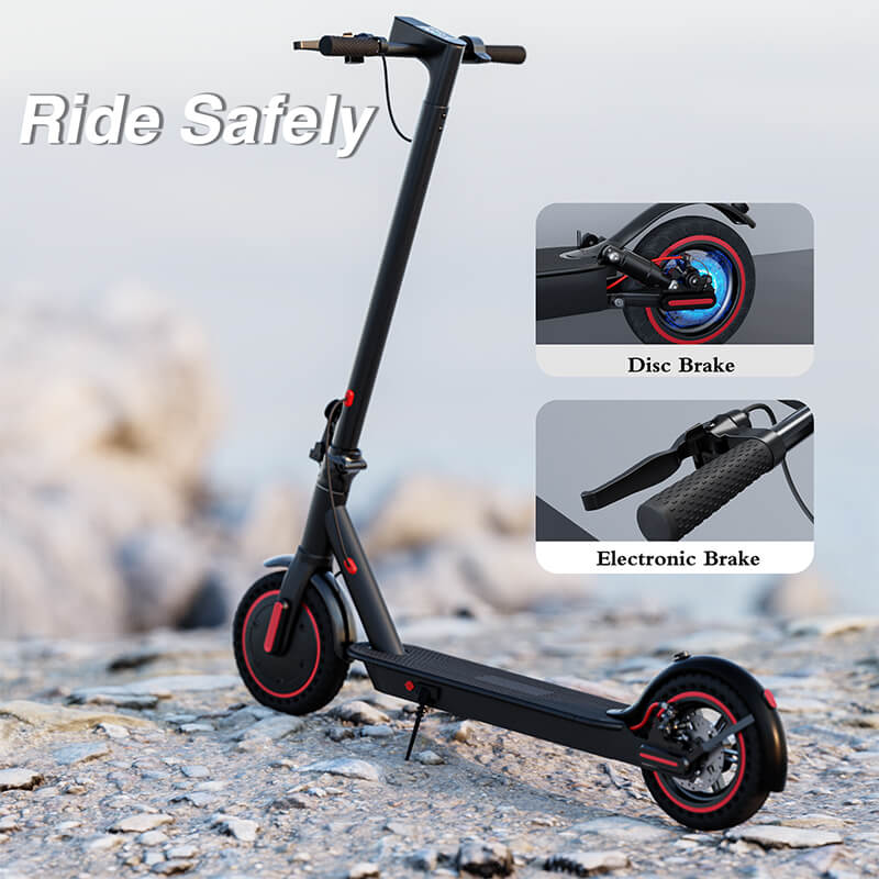 EMOKO long range commuter electric scooter in black with red accents and dual brake system