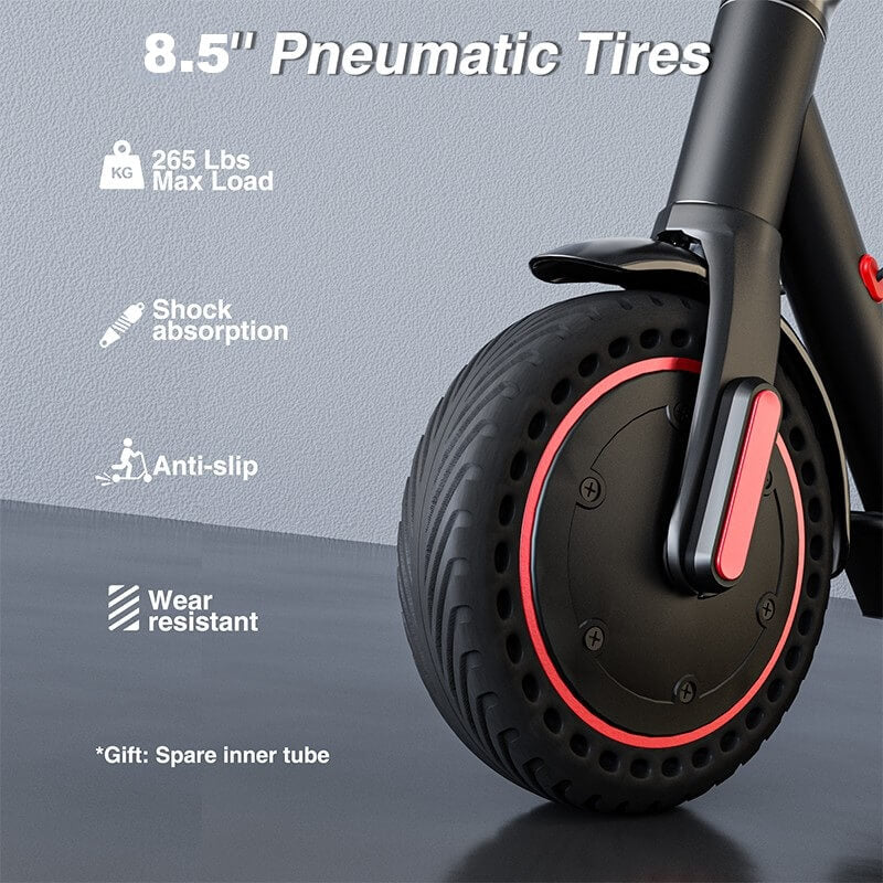 EMOKO long range commuter electric scooter front wheel with 8.5 inch pneumatic tire and shock absorption