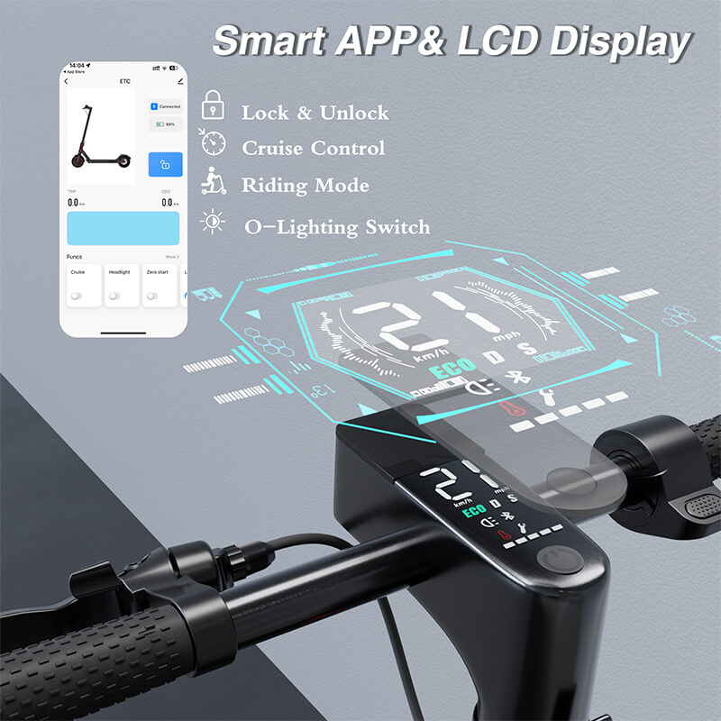 EMOKO long range commuter electric scooter handlebar with smart app connectivity and LCD display